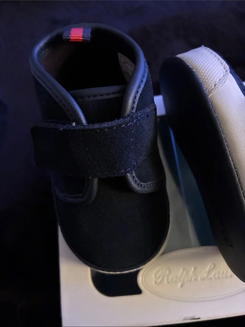 Ralph Lauren Navy Suede Baby Walker Sneakers with Ivory Sole Accent